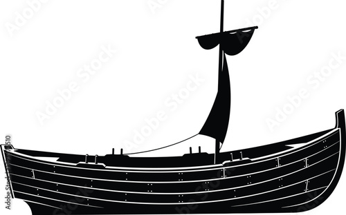 Black silhouette of a single masted sailing ship boat, ship, boat, sailing, silhouette, black, white, watercraft, vessel, mast, sail, nautical, maritime, ancient, historical, travel, exploration, tran