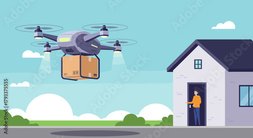 Drone Delivering a Package to a Man Standing at Home Door