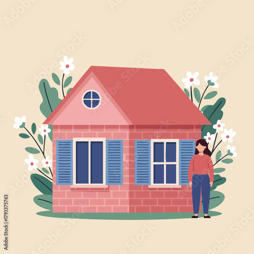 Small brick house with red roof and blue shutters surrounded by flowers and woman standing outside vector illustration 