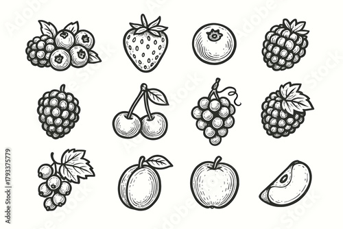 Blackberry berry cherry bunch market raspberry slice plum fruit icons vector grape