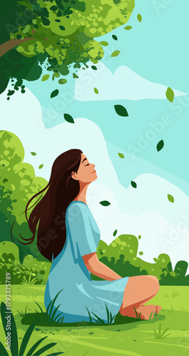 Woman Meditating Outdoors in Nature with Sunlight