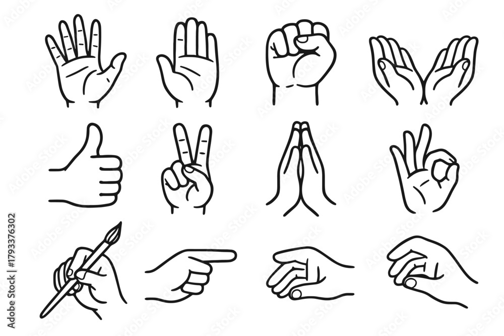 Fototapeta premium Open holding cupped icons expressive icon hands up vector hand clenched pointing