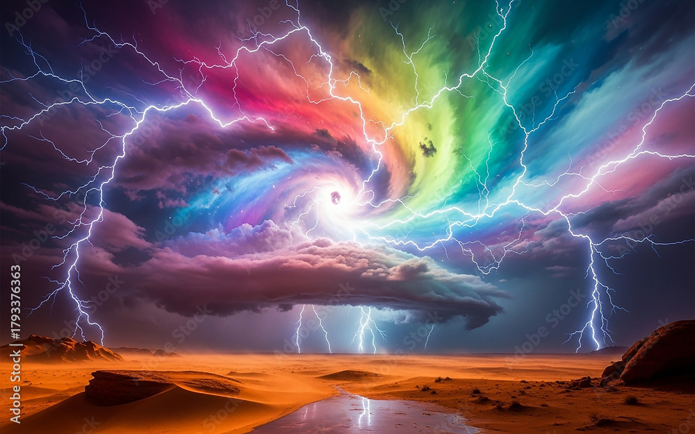 Naklejka premium Celestial Storm: A breathtaking depiction of a vibrant celestial storm, where nature's raw power is artistically presented through swirling colors, luminous lightning.