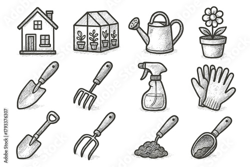 Tools home gardening garden rake soil icon vector gloves trowel flower tool