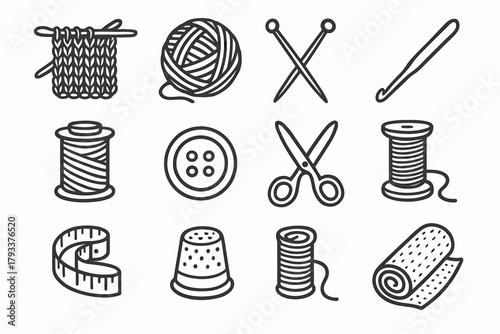 Crochet knitting yarn scissors vector icon roll tools fabric studio ball