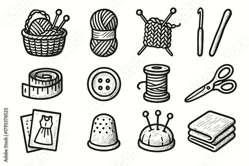Icons spool needles craft vector knitting sheet hook studio icon tape thimble