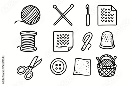 Essentials crochet needles icon spool icons piece knitting studio vector basket thimble