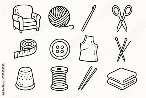 Hook scissors spool icons vector tools tape pattern knitting folded cozy needles
