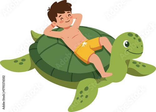Boy Relaxing on Green Sea Turtle Float in Summer Pool Fun Illustration Vector 