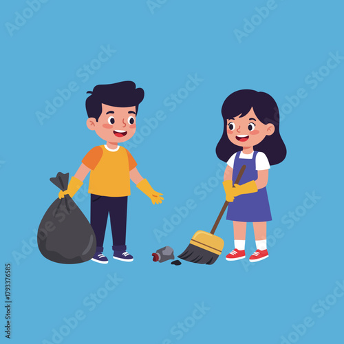 Children cleaning environment by collecting trash and sweeping floor with gloves and smiles vector illustration 