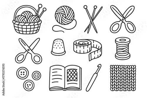 Tools icon needles thimble vector yarn square hook crochet buttons craft tape