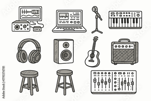 Amp music stool vector studio speaker recording kit icons stand laptop icon