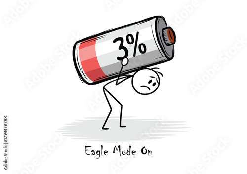 Stick figure struggling under heavy battery power low.