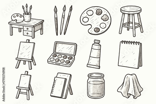 Canvas artistic jar icon easel watercolor sketchbook desk icons setup vector stool