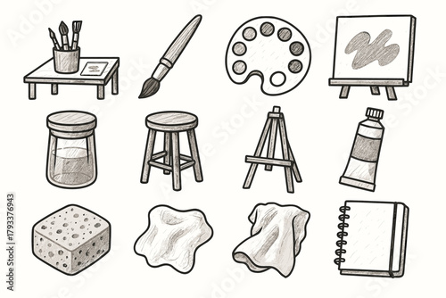 Easel jar tube sketchbook essentials vector palette sponge desk watercolor icon art