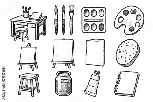 Icon sponge art stool easel tube sketchbook tray vector brushes paint studio