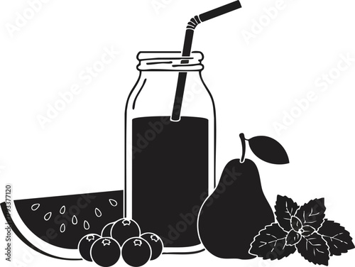 Fruit juice bottle with straw watermelon pear cherries and mint leaves vector illustration in black and white style 