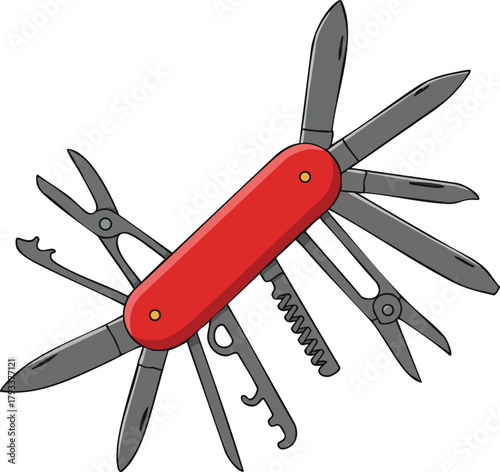 Red multi tool pocket knife with various blades and tools for versatile outdoor and everyday use vector illustration 