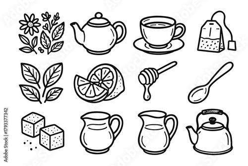 Cubes tea vector honey icons lemon set herbal spoon sugar kettle icon