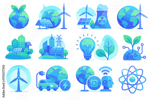 Renewable Energy and Green Technology Icons – Eco Power and Sustainability Set