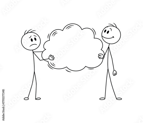 Two stick figures holding a speech bubble one sad one happy people.