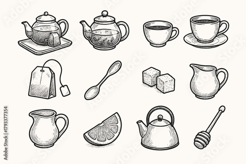 Arrangement tea jug modern glass icon vector dipper lemon honey