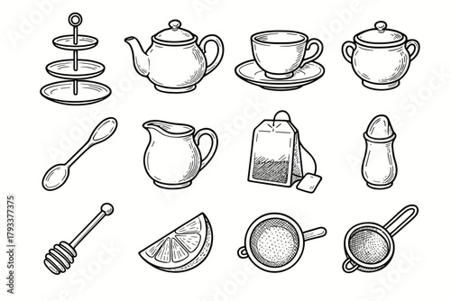 Teapot stick tea jug icon modern strainer vector afternoon bag set bowl