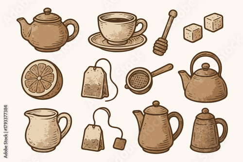 Vector stick jug sugar bag icon clay saucer rustic tea milk