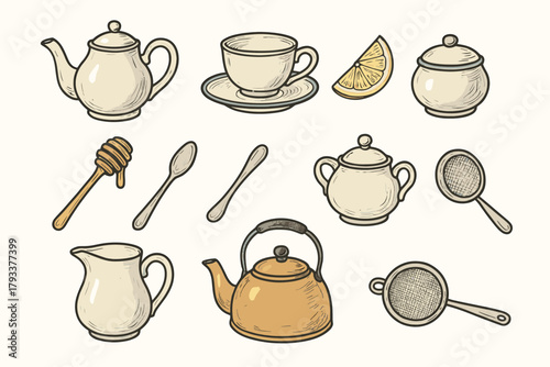 Strainer tea sugar icon vector set bowl saucer cup cozy jug teapot