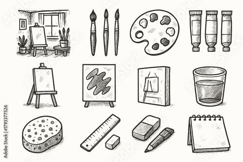 Vector brushes cup workspace sponge eraser artist icon easel canvas ruler s