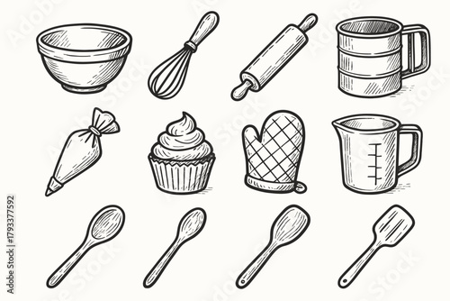 Baking icon vector sifter homemade tools pin mitt measuring set piping cup