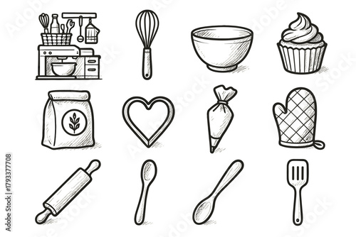 Vector setup bag icon cookie rolling kitchen flour essentials baking piping icons