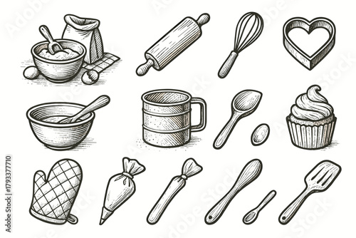 Baking whisk vector flour spatula cutter bowl set icon sifter mitt piping