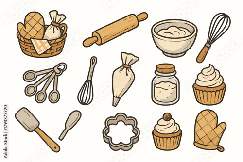 Rolling piping baking cookie spoons flour vector pastry set cutter pin icon