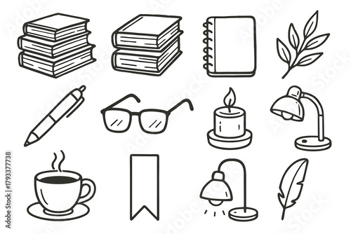 Candle literary lamp vector book set glasses icon sprig coffee items