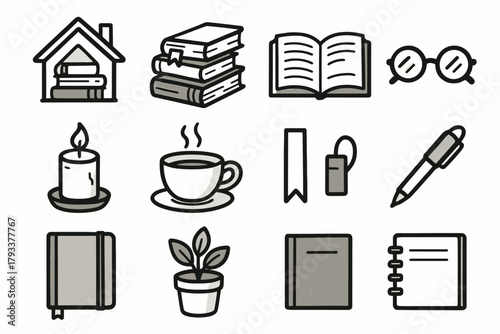 Icons open novels notebook tea glasses home book candle vector icon literary