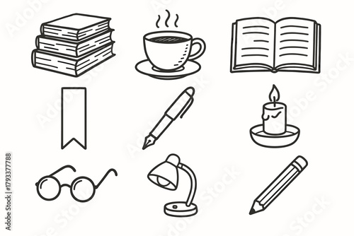Notebook bookmark set cup icon vector stacked theme lamp literature open