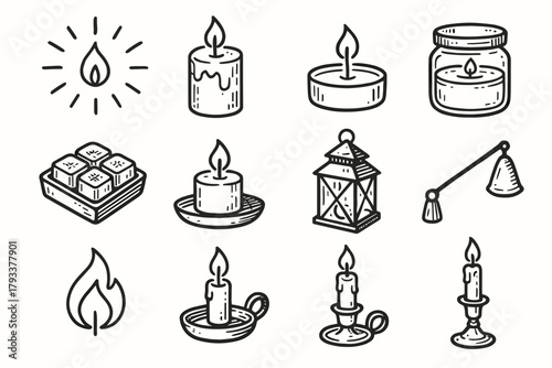 Glow pillar warm matchbox set items scented candle icon tealight vector