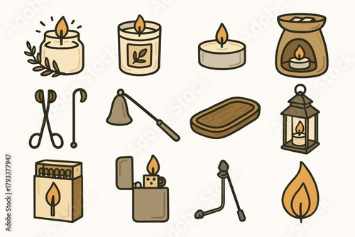 Collection home wick tray warm lighter glow trimmer icon candle vector flame