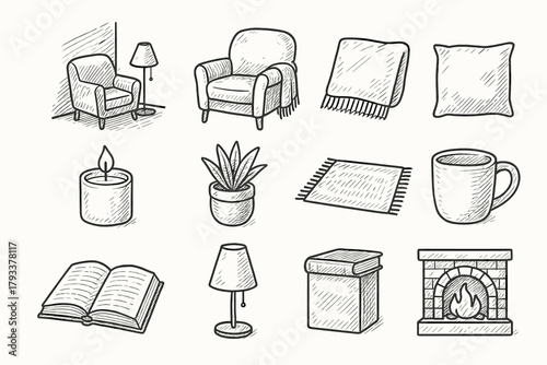 Book icon armchair blanket icons fireplace living plant vector rug pot cozy