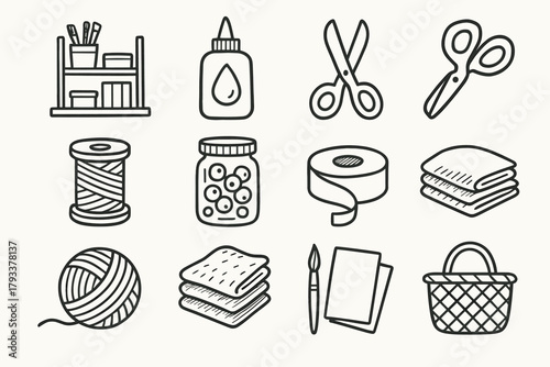 Supply icon handmade vector station basket scissors icons glue craft roll fabric