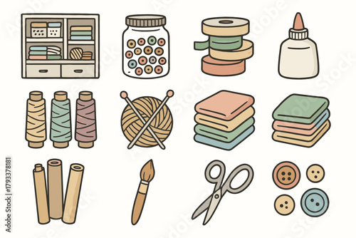 Icons vector icon paper paintbrush room craft fabric scissors glue beads jars