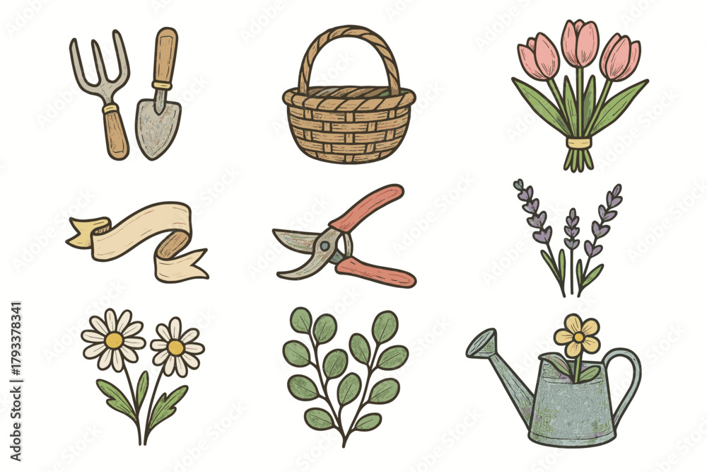 Fototapeta premium Vector daisies eucalyptus spring tulips wicker ribbon icons small shears floral icon