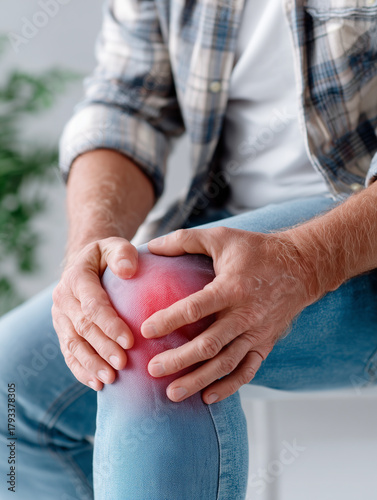 Mann mit Knieschmerzen hält schmerzendes Gelenk – Symbol für Arthritis, Arthrose oder Gelenkbeschwerden