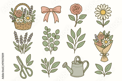 Flower eucalyptus ribbon lavender icon set vector green basket icons floral roses