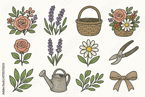 Basket leaves can pruning floral lavender icons icon garden mixed roses arrangement
