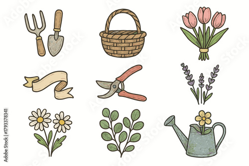 Vector daisies eucalyptus spring tulips wicker ribbon icons small shears floral icon