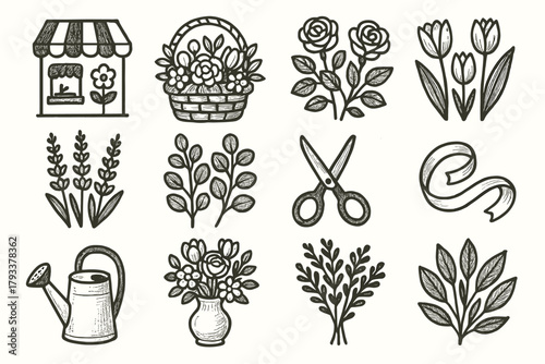 Shop watering icons pot bunch vector elements flower eucalyptus icon basket floral