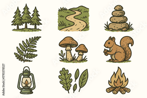 Squirrel forest ferns vector campfire nature pine icons set mushrooms peaceful collection