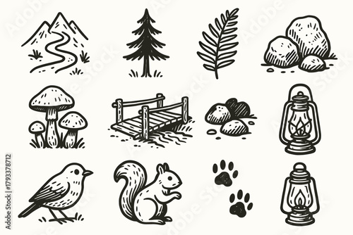 Wooden rocks leaf bird mushrooms icon squirrel icons mountain vector path forest